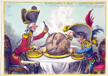 Luumupudding vaarassa, tai Valtion nautiskelijat ottamassa un Petit Souper, pub. 26. helmikuuta 1805 (käsin väritetty kaiverrus).